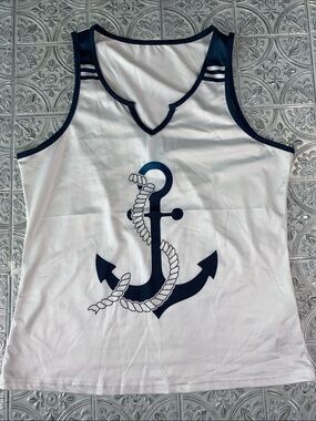 SHEIN Navy Anchor Graphic Tank Top White Blue XL Nautical Beach Yacht Rock